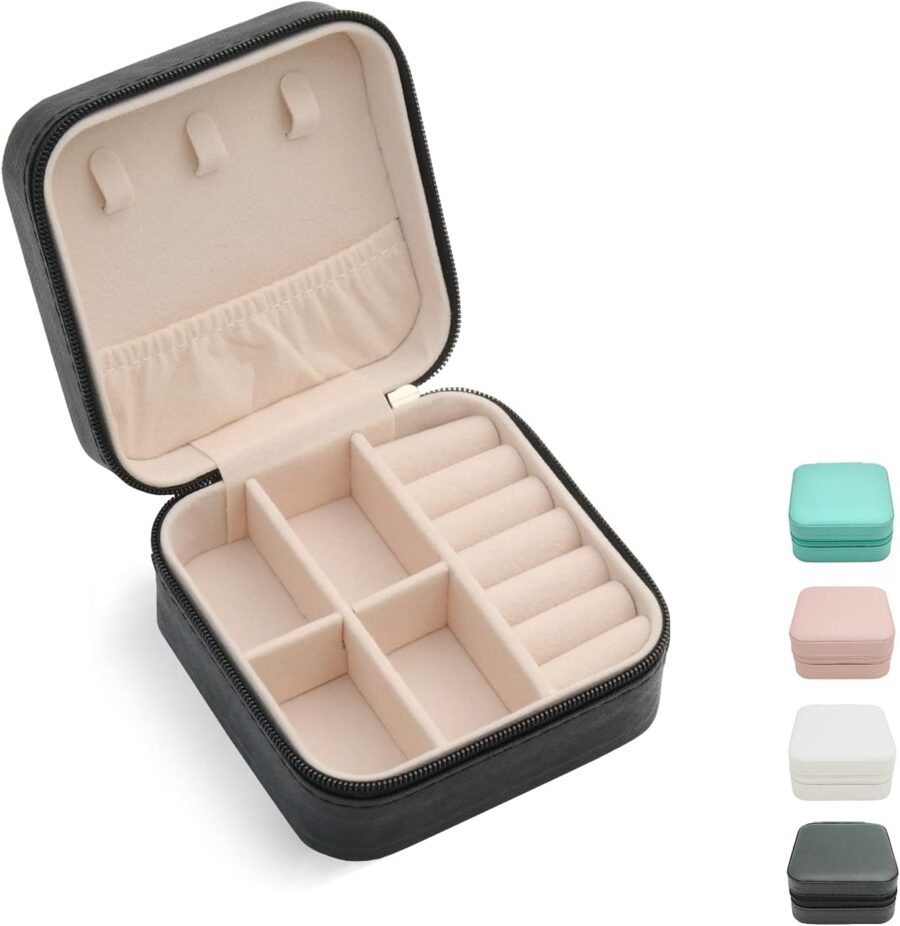 Faux Leather Mini Jewelry Travel Case, Small Travel Jewelry Organizer, Portable Jewelry Box Travel Mini Storage Organizer Portable Display/Storage Box For Rings, Earrings, Necklaces (Black) - Image 2