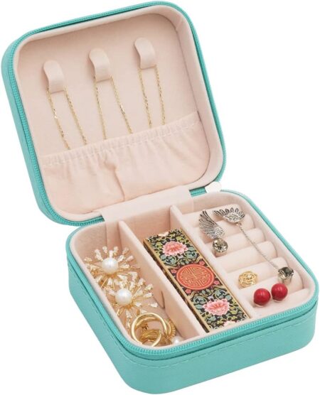 Faux Leather Mini Jewelry Travel Case, Small Travel Jewelry Organizer, Portable Jewelry Box Travel Mini Storage Organizer Portable Display/Storage Box For Rings, Earrings, Necklaces (Blue)