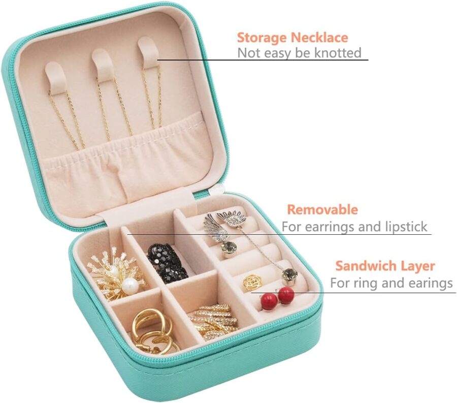 Faux Leather Mini Jewelry Travel Case, Small Travel Jewelry Organizer, Portable Jewelry Box Travel Mini Storage Organizer Portable Display/Storage Box For Rings, Earrings, Necklaces (Blue) - Image 3