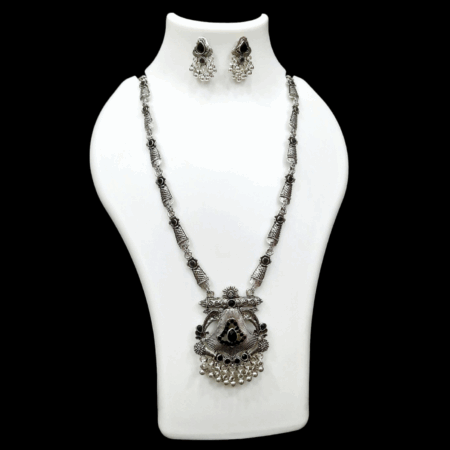 Silver Oxidized Plated Necklace With Earrings Set ( Black )