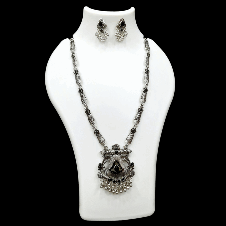 Silver Oxidized Plated Necklace With Earrings Set ( Black )