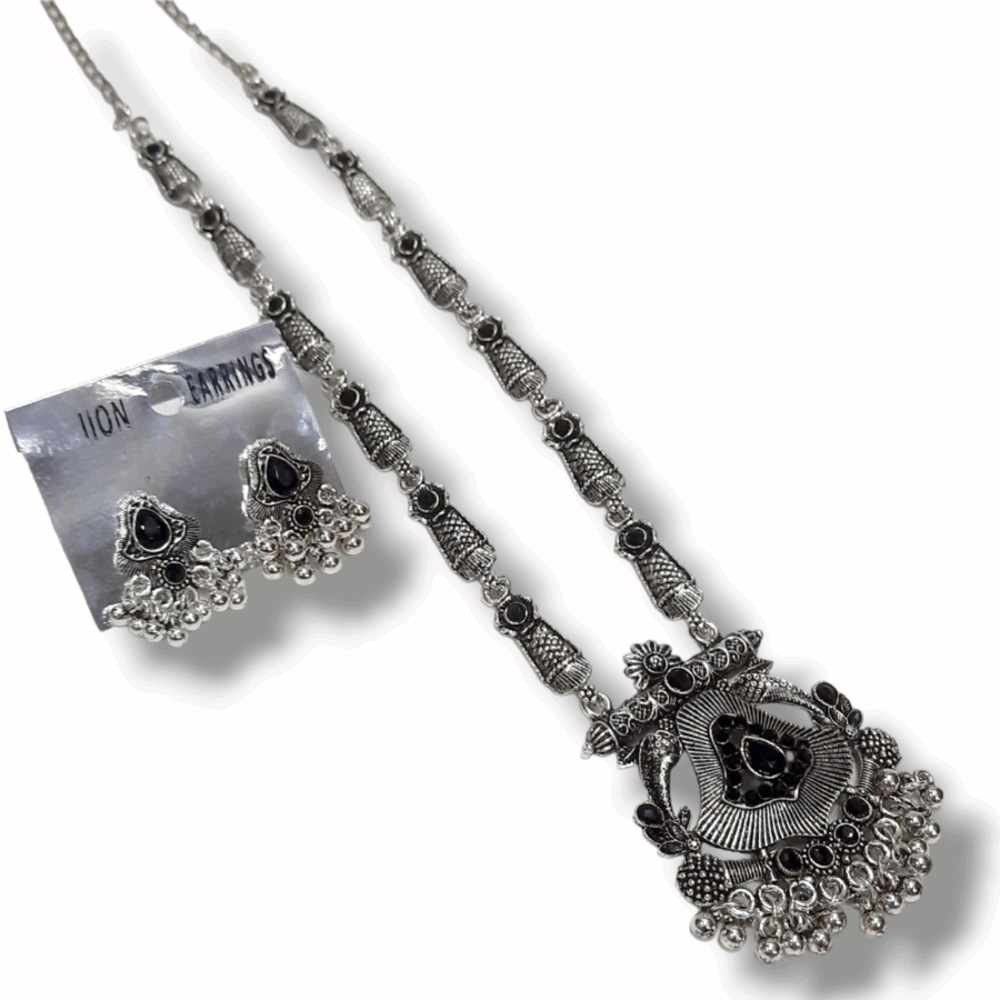 Silver Oxidized Plated Necklace With Earrings Set ( Black ) - Image 2