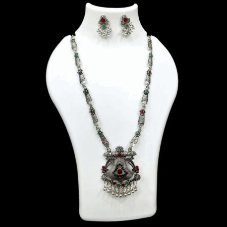 Silver Oxidized Plated Necklace With Earrings Set ( Maroon + Green  )