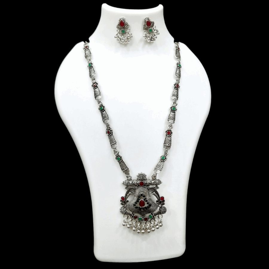 Silver Oxidized Plated Necklace With Earrings Set ( Maroon + Green  )