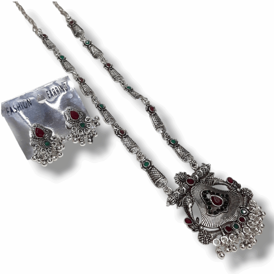 Silver Oxidized Plated Necklace With Earrings Set ( Maroon + Green  ) - Image 2