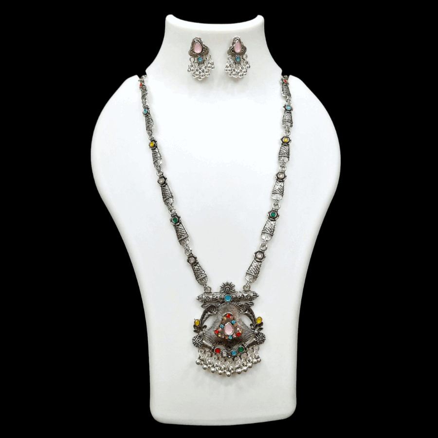 Silver Oxidized Plated Necklace With Earrings Set ( Multi )