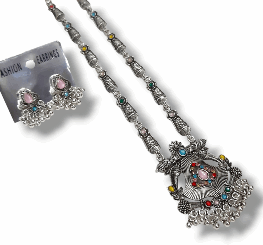 Silver Oxidized Plated Necklace With Earrings Set ( Multi ) - Image 2