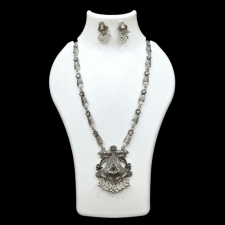 Silver Oxidized Plated Necklace With Earrings Set ( White )