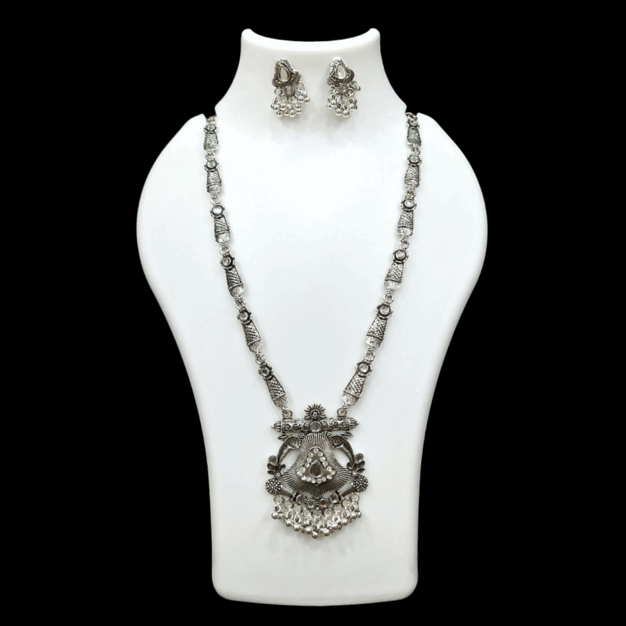 Silver Oxidized Plated Necklace With Earrings Set ( White )