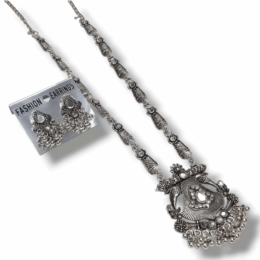 Silver Oxidized Plated Necklace With Earrings Set ( White ) - Image 2