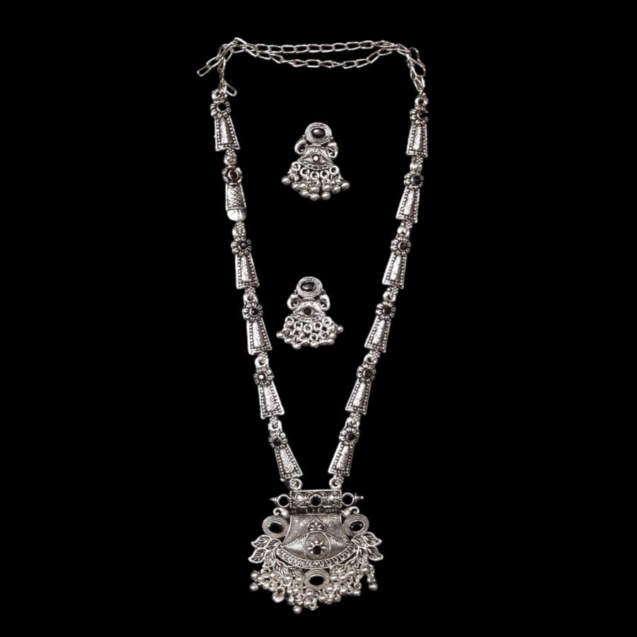 Silver Oxidized Plated Necklace With Earrings Set ( Black ) - Image 2