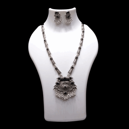 Silver Oxidized Plated Necklace With Earrings Set ( Black )
