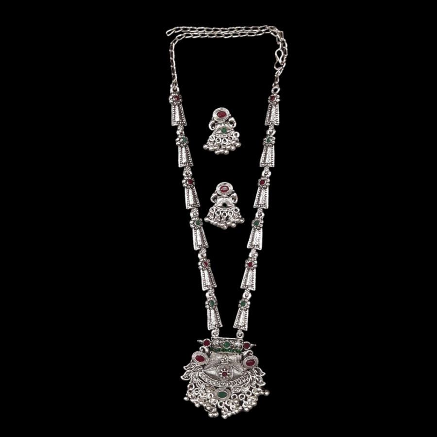 Silver Oxidized Plated Necklace With Earrings Set ( Maroon + Green  ) - Image 3