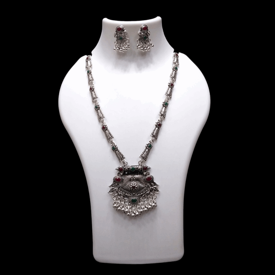 Silver Oxidized Plated Necklace With Earrings Set ( Maroon + Green  )