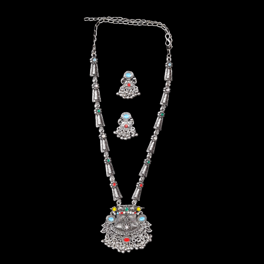 Silver Oxidized Plated Necklace With Earrings Set ( Multi ) - Image 2