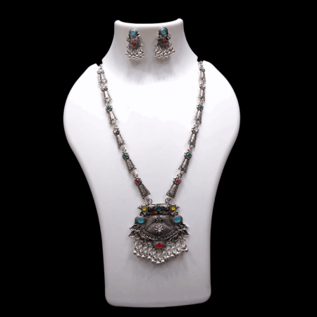 Silver Oxidized Plated Necklace With Earrings Set ( Multi )
