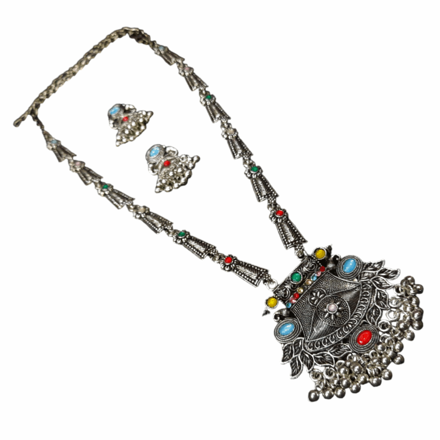 Silver Oxidized Plated Necklace With Earrings Set ( Multi ) - Image 3