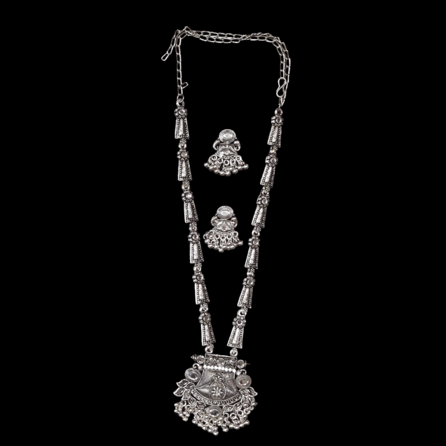 Silver Oxidized Plated Necklace With Earrings Set ( White ) - Image 3