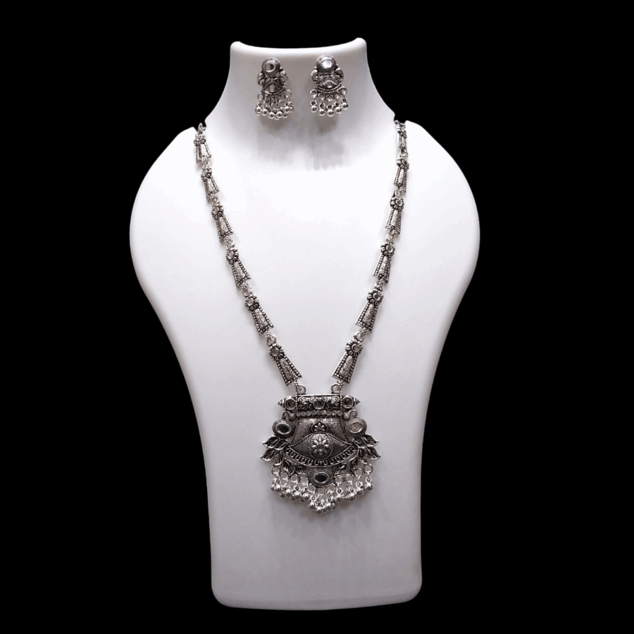 Silver Oxidized Plated Necklace With Earrings Set ( White )
