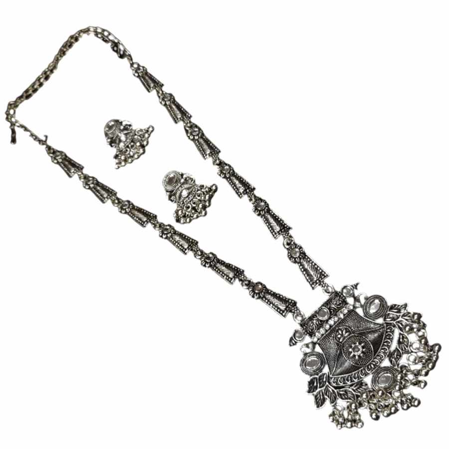 Silver Oxidized Plated Necklace With Earrings Set ( White ) - Image 2