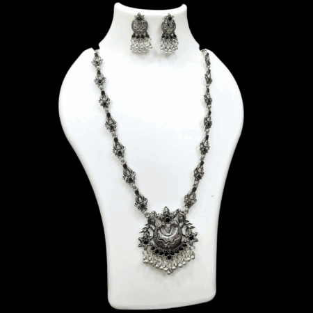Silver Oxidized Plated Necklace With Earrings Set ( Black )