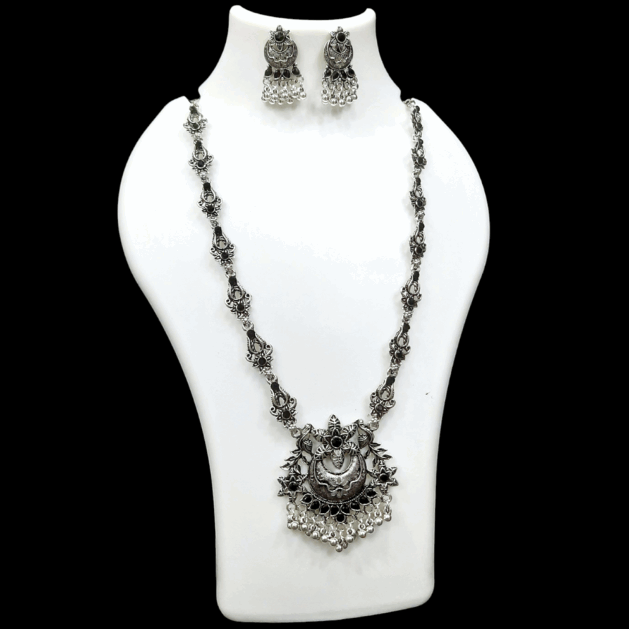 Silver Oxidized Plated Necklace With Earrings Set ( Black )