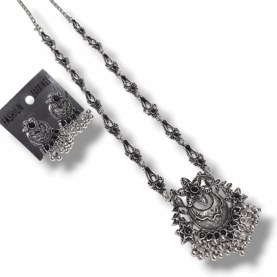 Silver Oxidized Plated Necklace With Earrings Set ( Black ) - Image 2