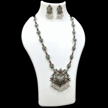Silver Oxidized Plated Necklace With Earrings Set ( Maroon + green )