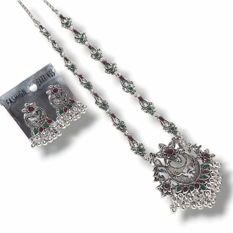 Silver Oxidized Plated Necklace With Earrings Set ( Maroon + green ) - Image 2