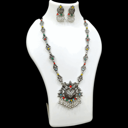 Silver Oxidized Plated Necklace With Earrings Set ( Multi )