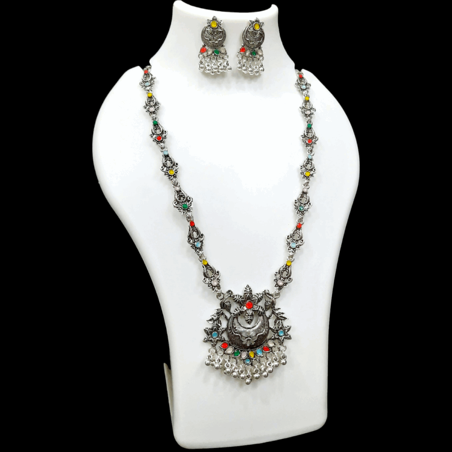 Silver Oxidized Plated Necklace With Earrings Set ( Multi )
