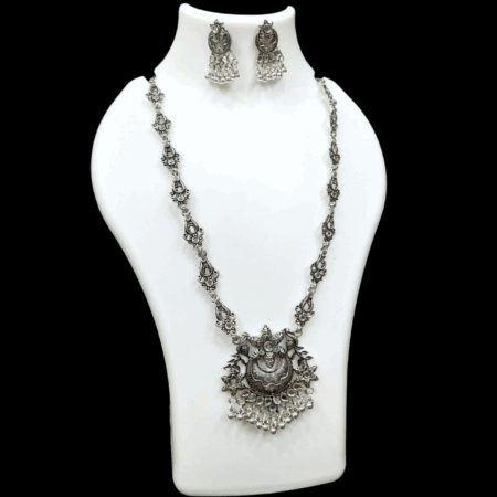 Silver Oxidized Plated Necklace With Earrings Set ( White )