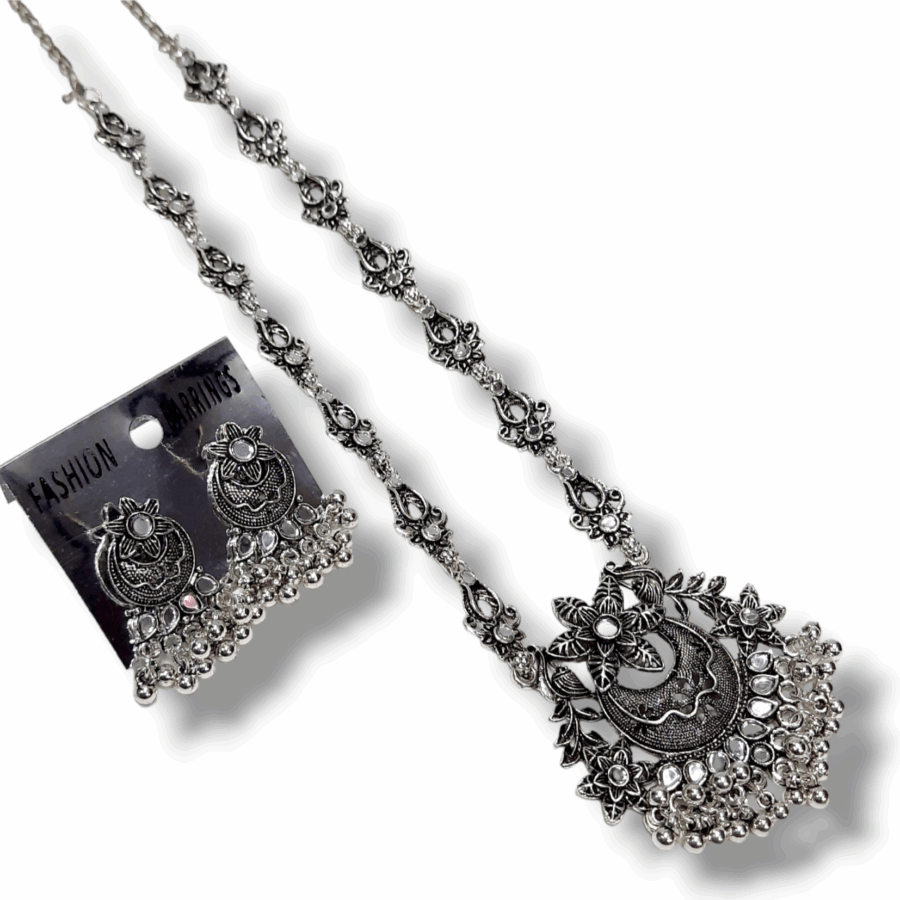 Silver Oxidized Plated Necklace With Earrings Set ( White ) - Image 2