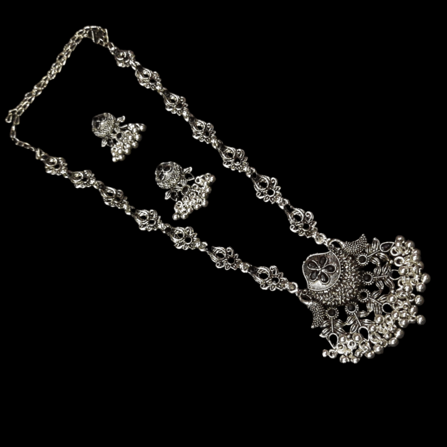 Silver Oxidized Plated Necklace With Earrings Set ( Black ) - Image 2