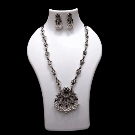 Silver Oxidized Plated Necklace With Earrings Set ( Black )