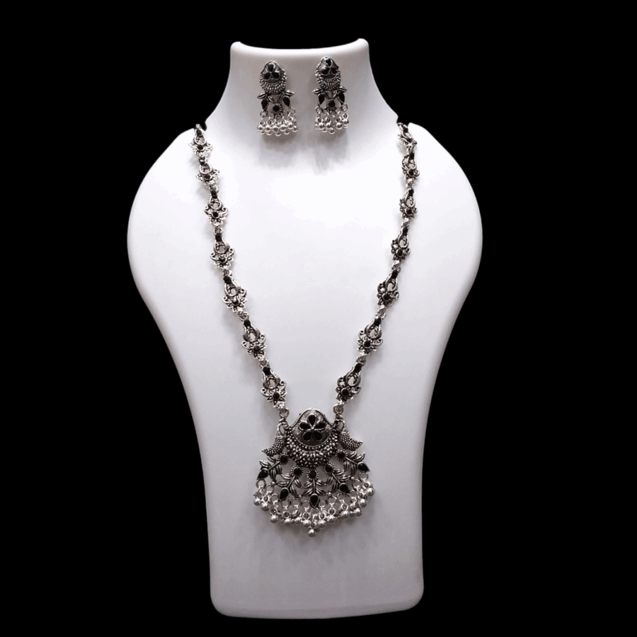 Silver Oxidized Plated Necklace With Earrings Set ( Black )