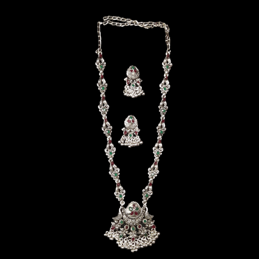Silver Oxidized Plated Necklace With Earrings Set ( Maroon + green ) - Image 3