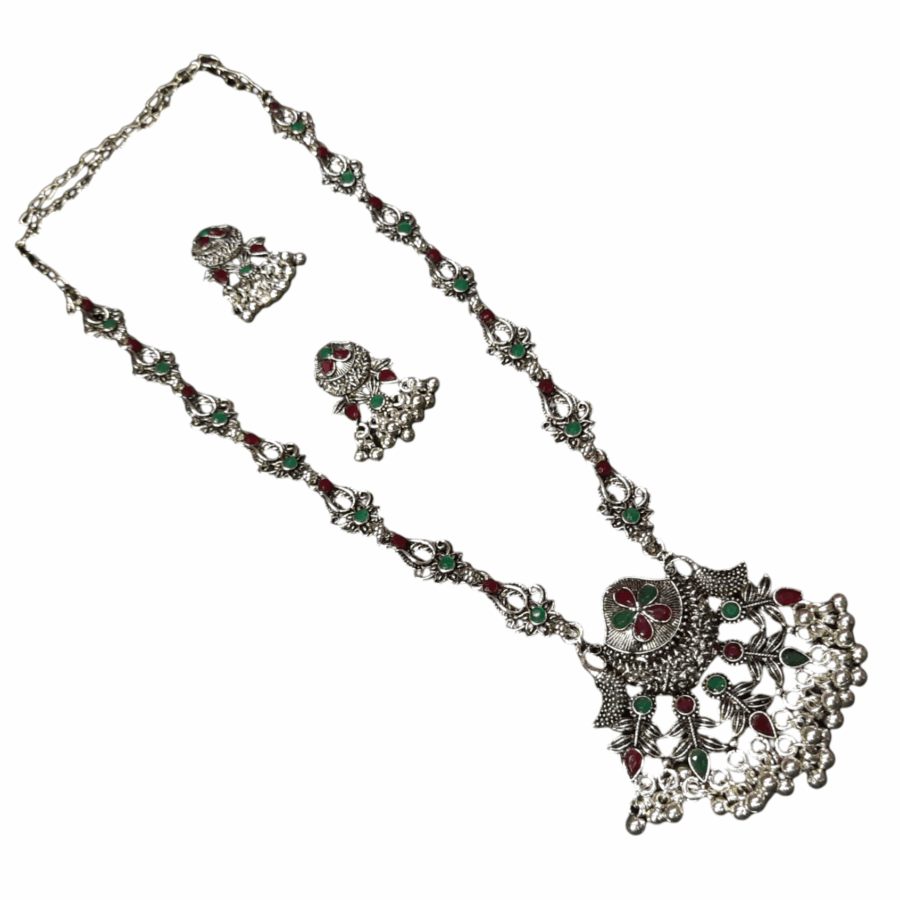 Silver Oxidized Plated Necklace With Earrings Set ( Maroon + green ) - Image 2