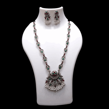 Silver Oxidized Plated Necklace With Earrings Set ( Maroon + green )
