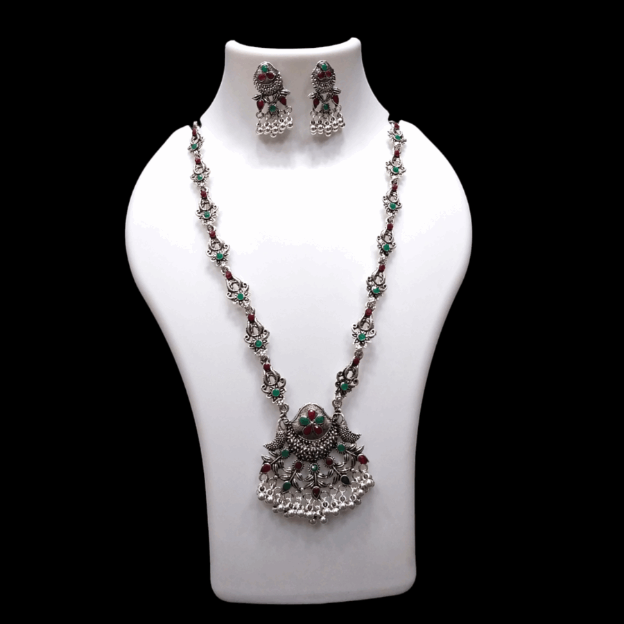 Silver Oxidized Plated Necklace With Earrings Set ( Maroon + green )