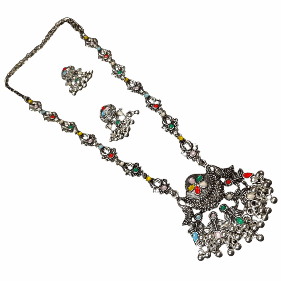 Silver Oxidized Plated Necklace With Earrings Set ( Multi ) - Image 2