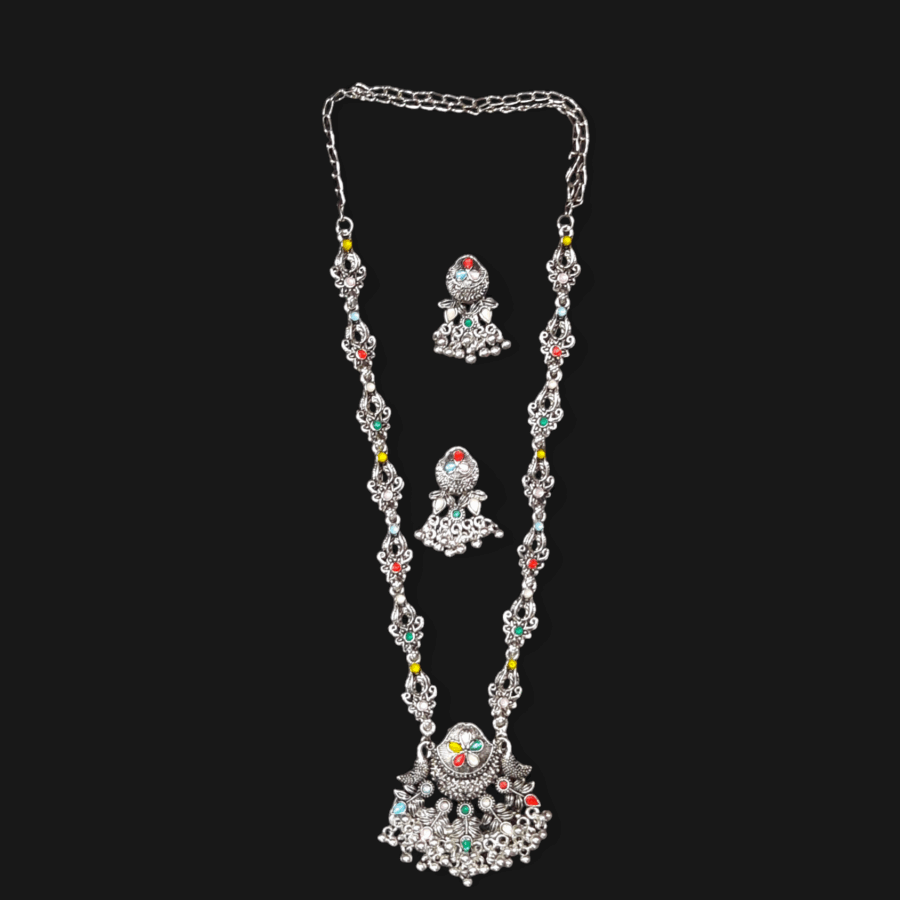 Silver Oxidized Plated Necklace With Earrings Set ( Multi ) - Image 3