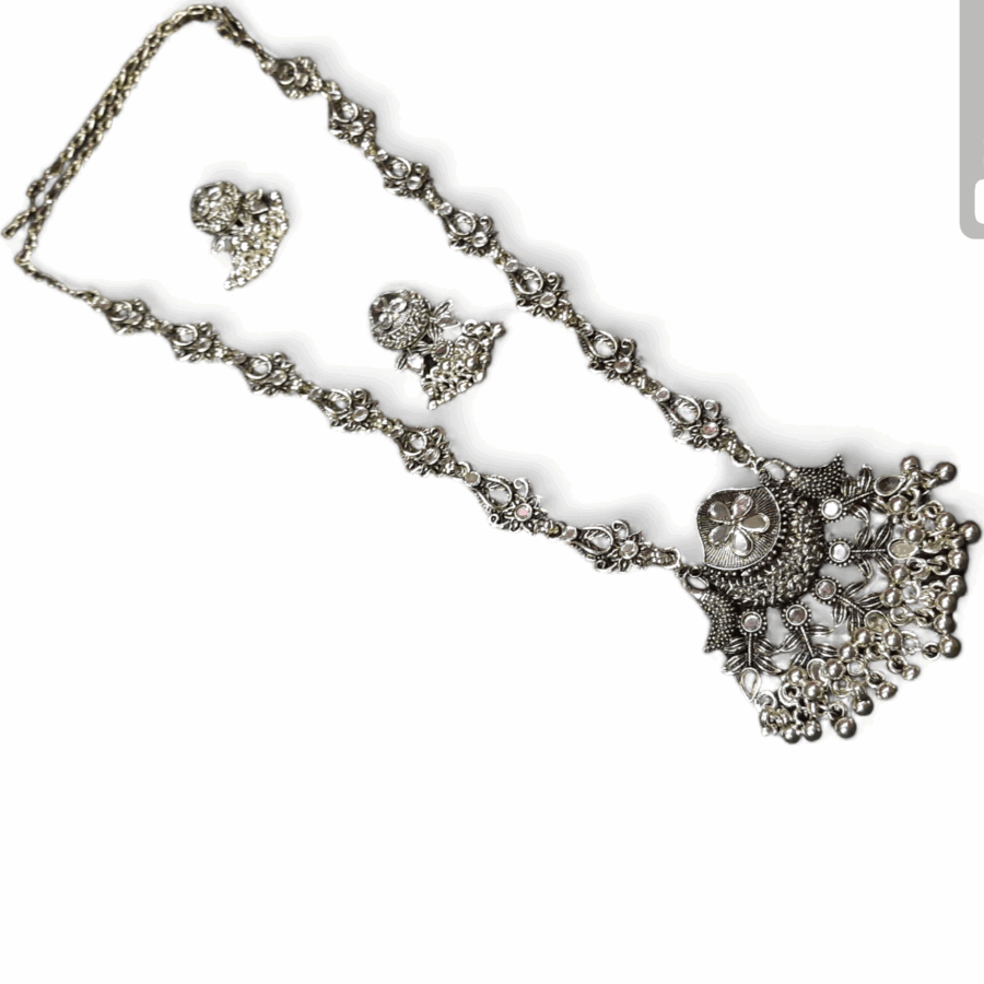 Silver Oxidized Plated Necklace With Earrings Set ( White ) - Image 2