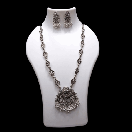 Silver Oxidized Plated Necklace With Earrings Set ( White )