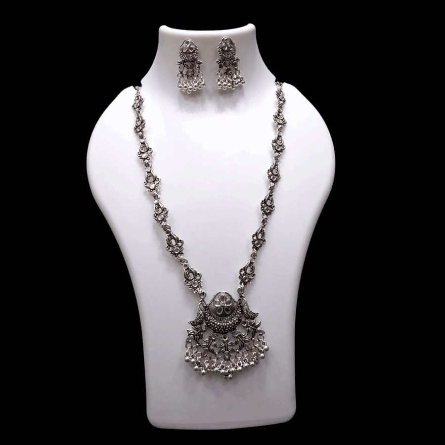 Silver Oxidized Plated Necklace With Earrings Set ( White )