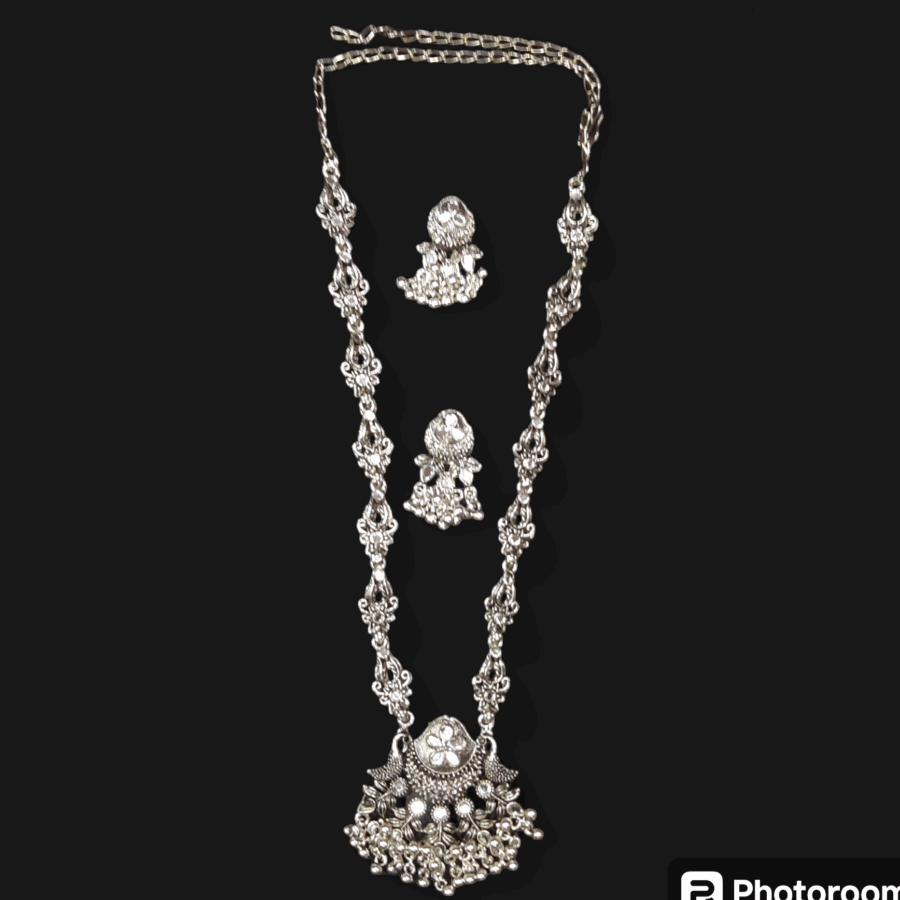 Silver Oxidized Plated Necklace With Earrings Set ( White ) - Image 3