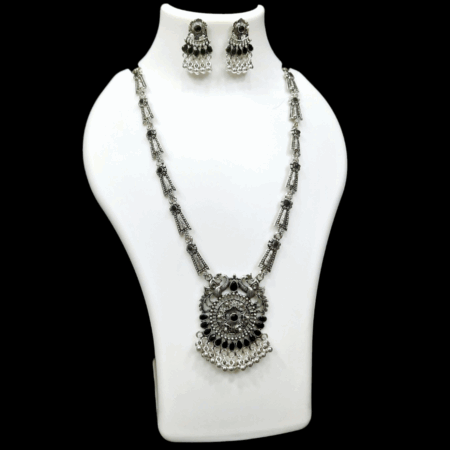 Silver Oxidized Plated Necklace With Earrings Set ( Black )