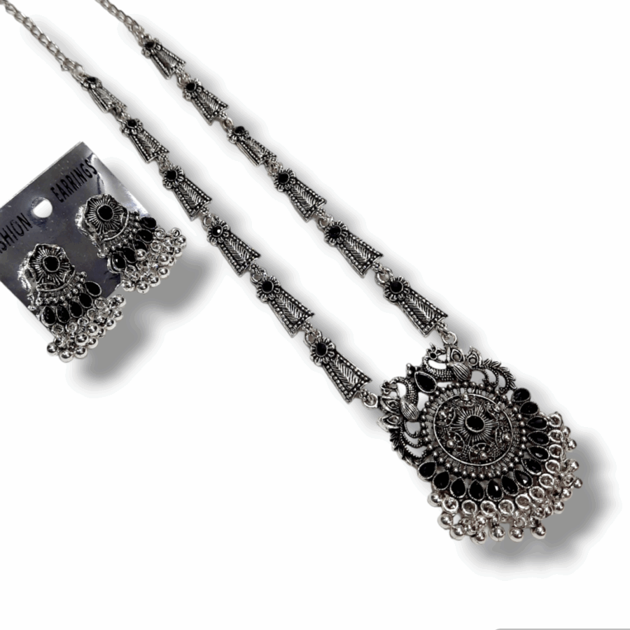 Silver Oxidized Plated Necklace With Earrings Set ( Black ) - Image 2