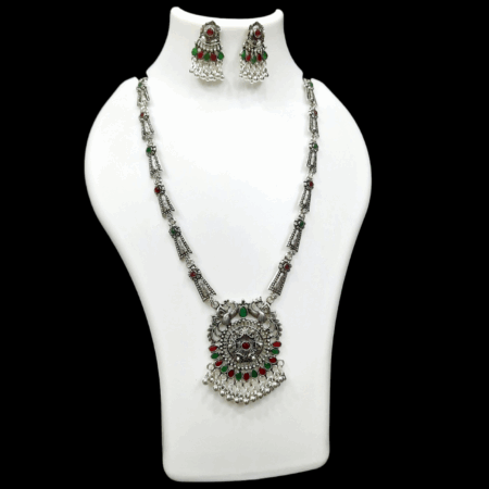 Silver Oxidized Plated Necklace With Earrings Set ( Maroon + green )