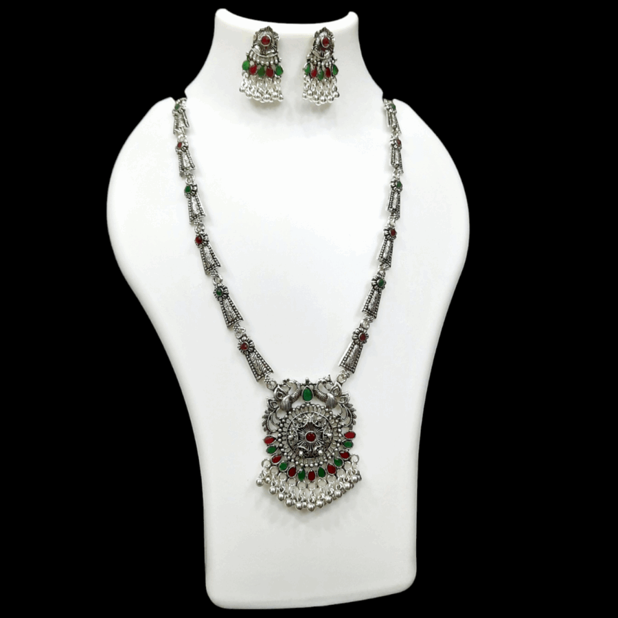 Silver Oxidized Plated Necklace With Earrings Set ( Maroon + green )